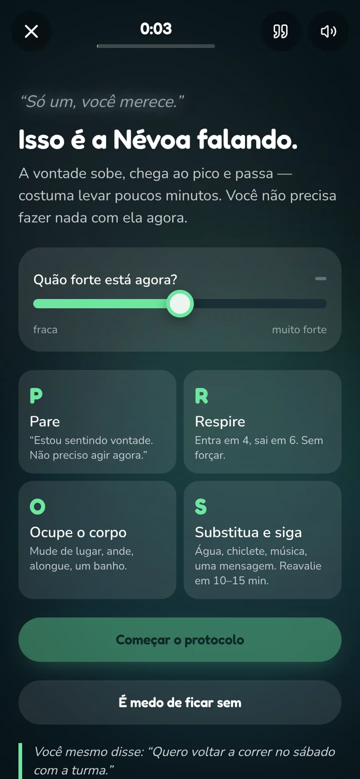 Tela SOS do Vida Livre: Isso é a Névoa falando, com a régua da vontade e o protocolo Pare, Respire, Ocupe, Substitua.